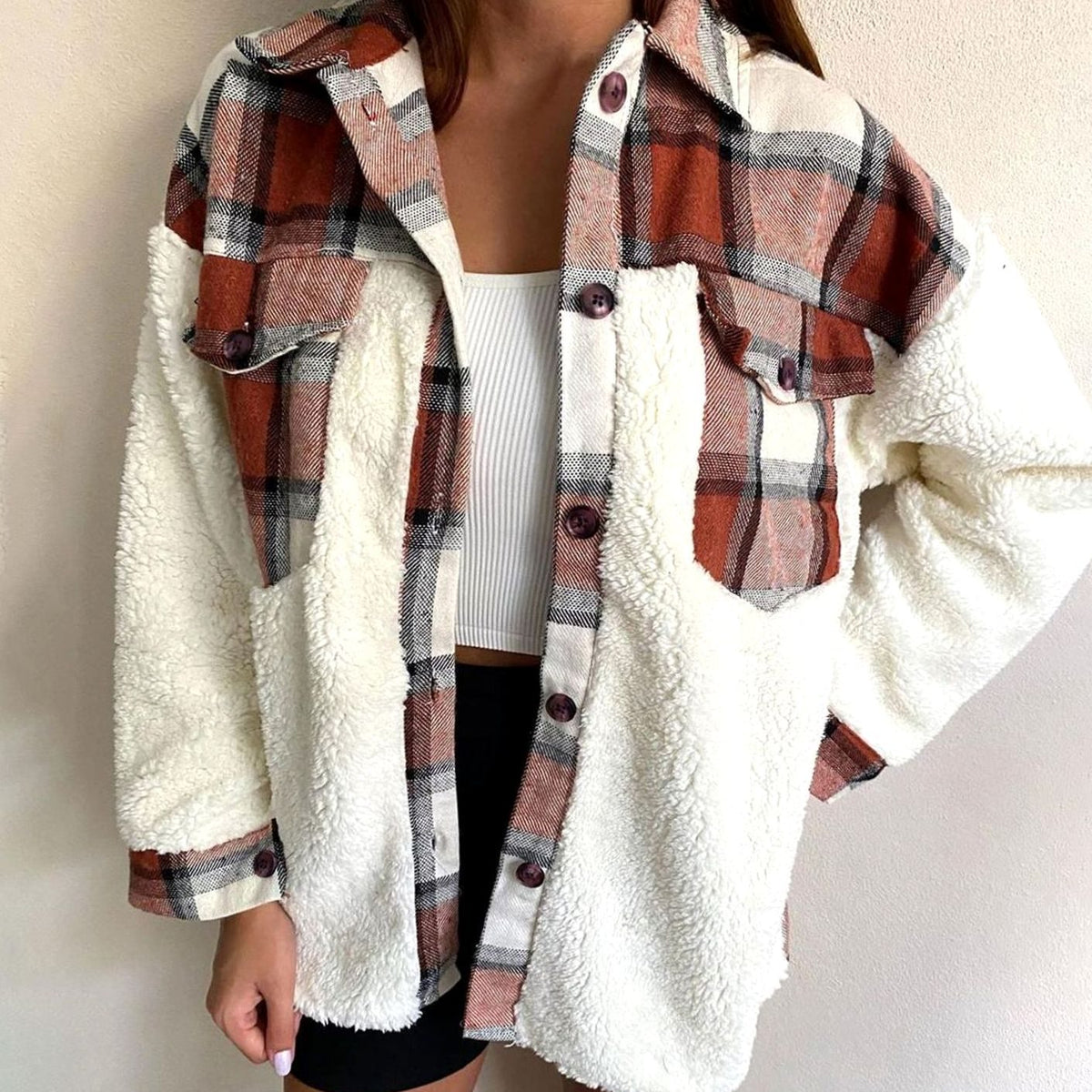 Olivia | Women's Plaid Sherpa-Lined Button-Up Shacket