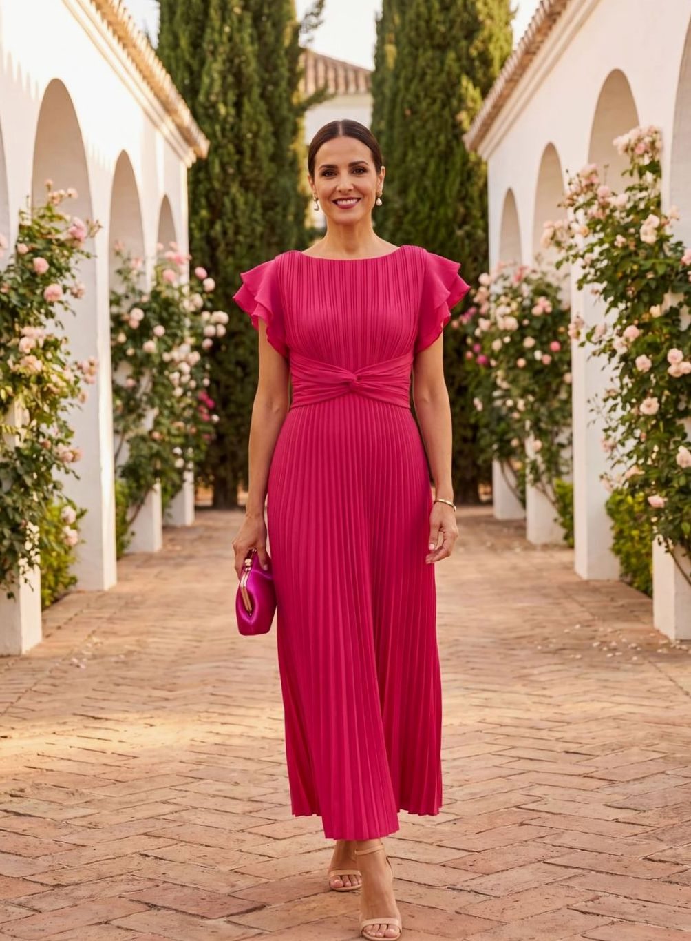 Mia | Women's Pleated Midi Formal Dress Ruffle-Sleeve Wedding Guest