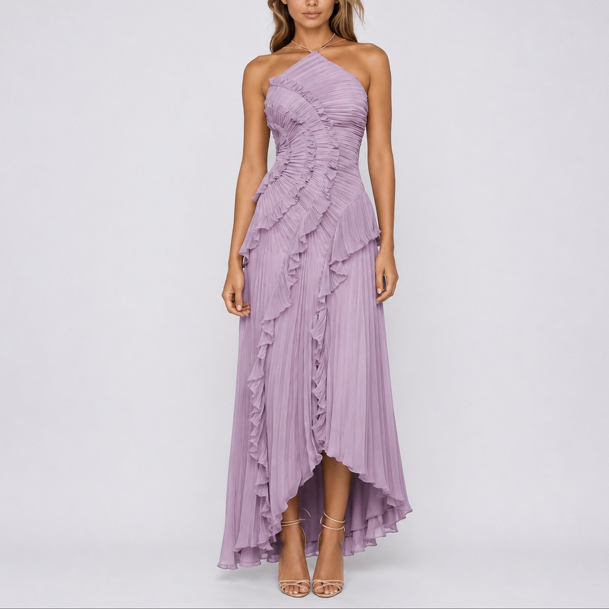 Penelope | Women's Pleated Ruffle Halter Maxi Fall Wedding Guest Dress