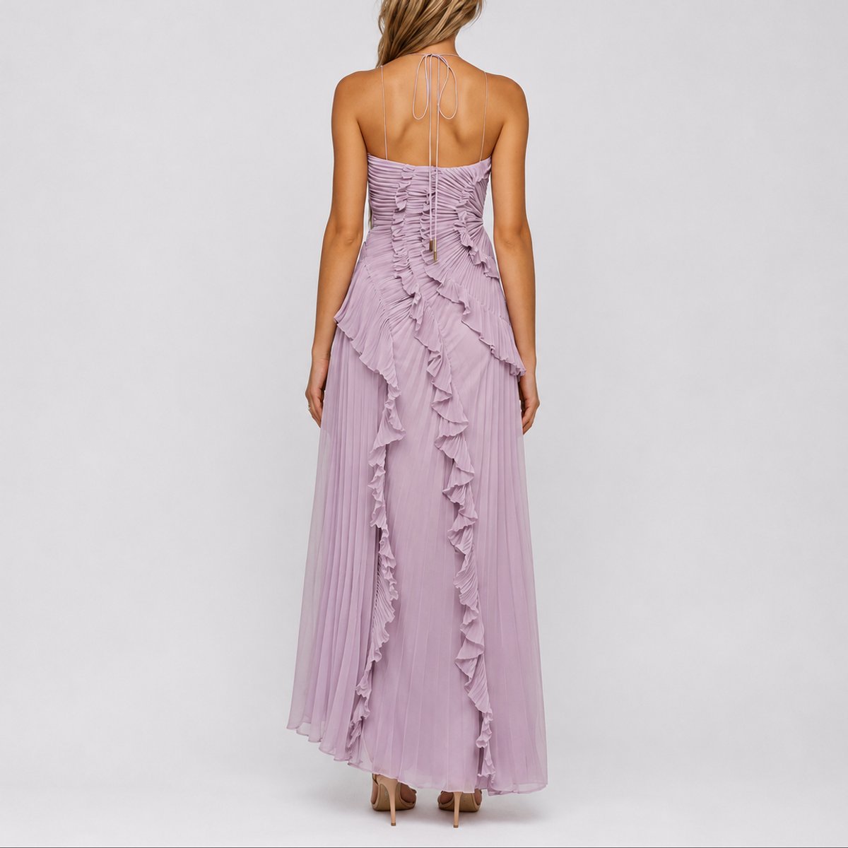 Penelope | Women's Pleated Ruffle Halter Maxi Fall Wedding Guest Dress