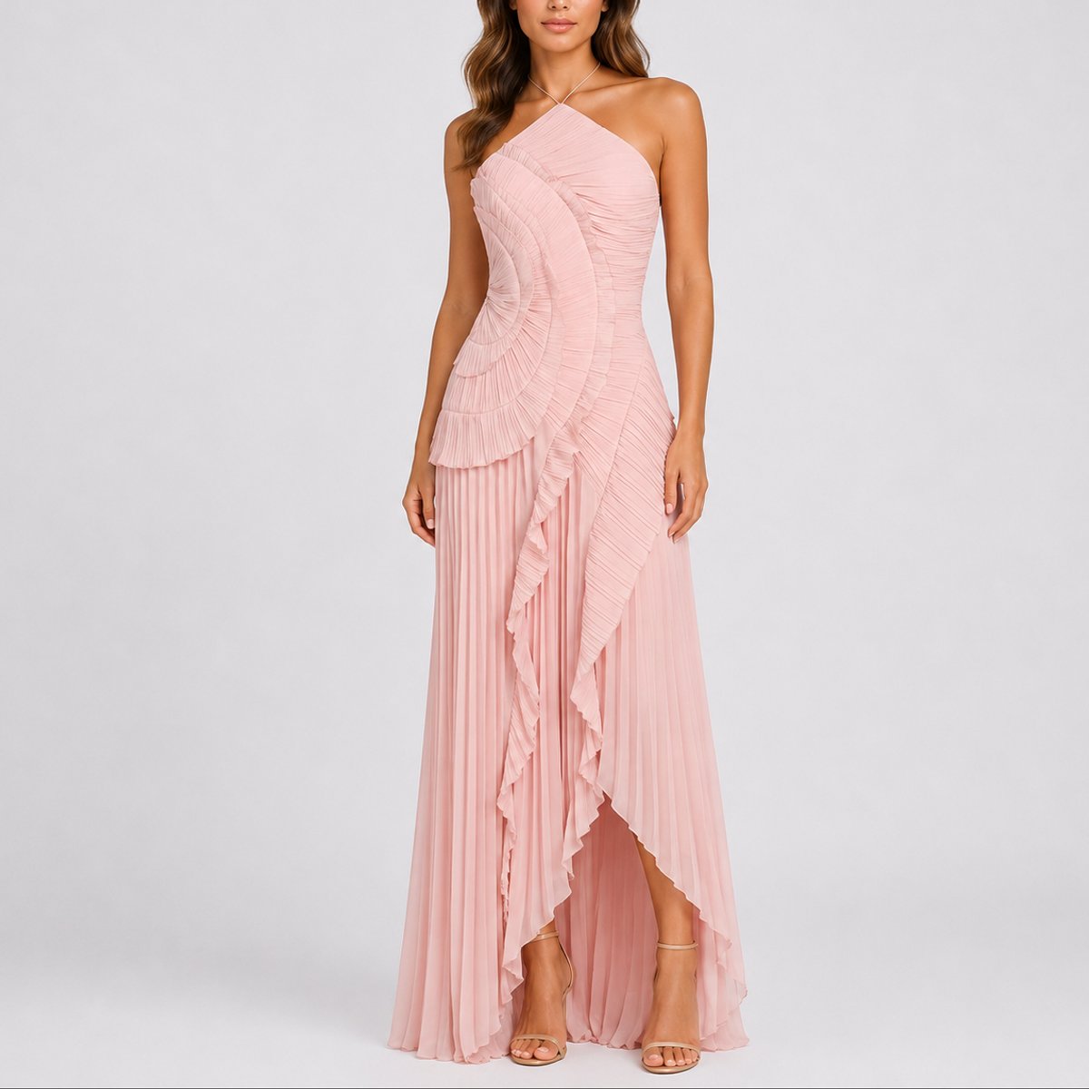 Penelope | Women's Pleated Ruffle Halter Maxi Fall Wedding Guest Dress