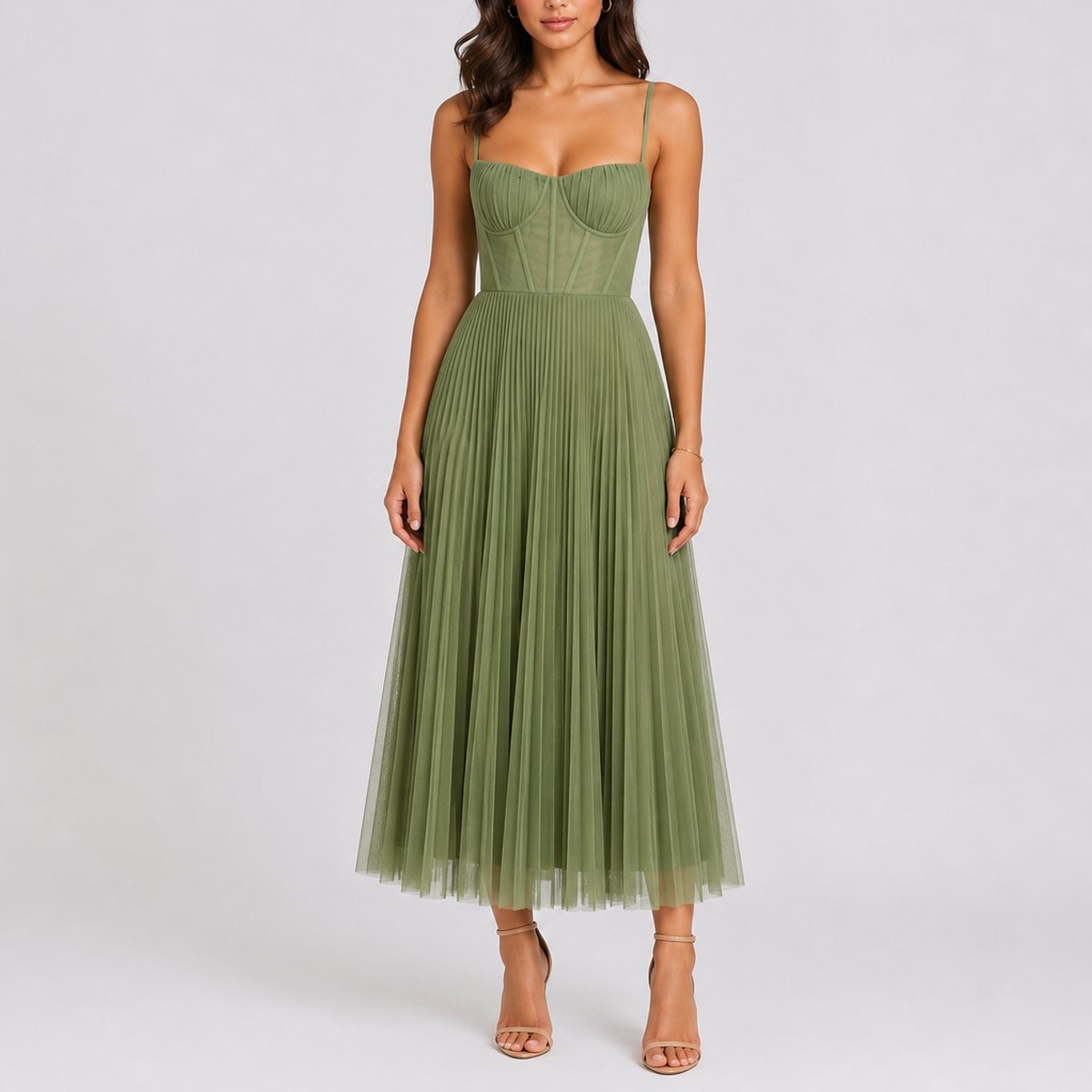 Sophia | Women's Pleated Tulle Corset Midi Fall Wedding Guest Dress