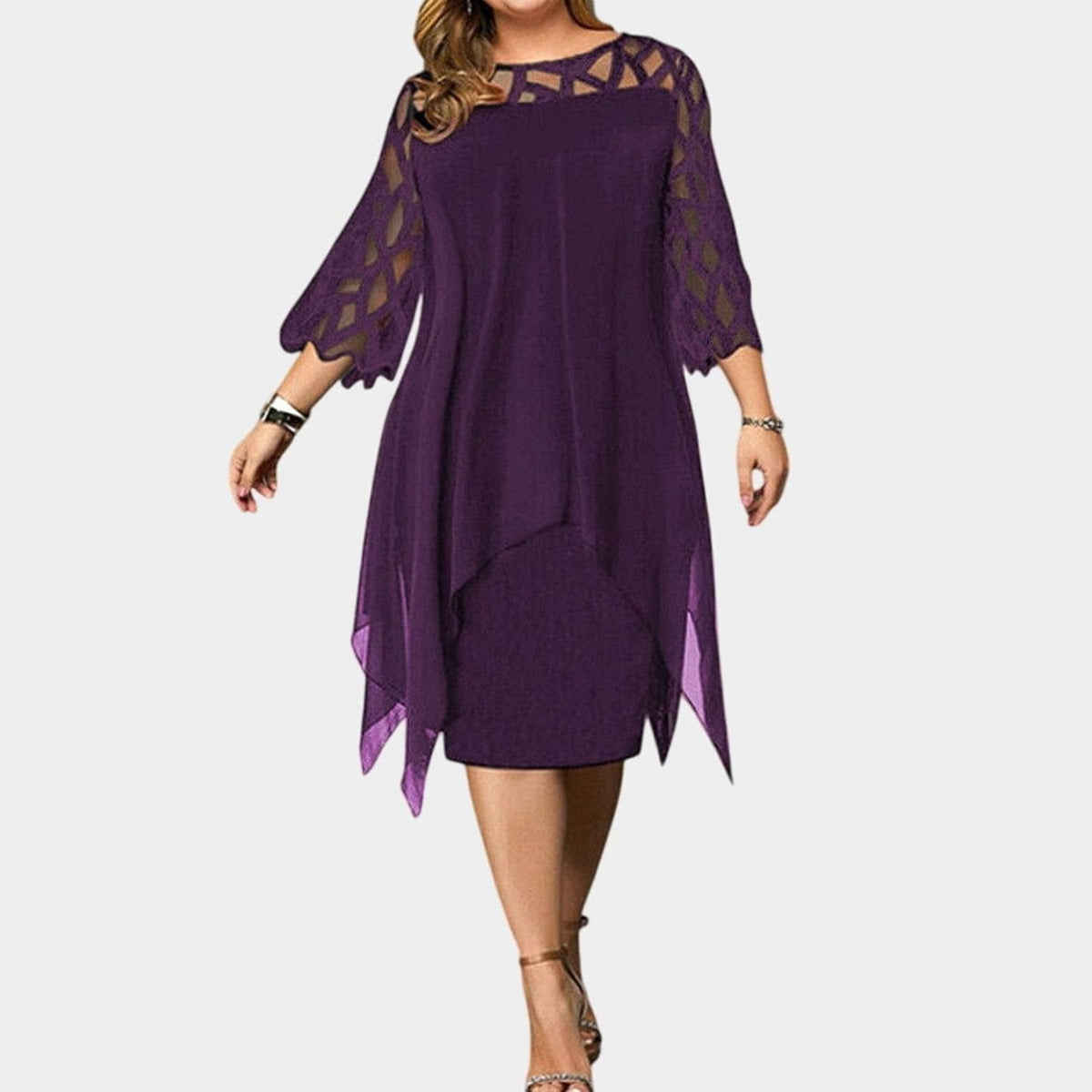 Evelyn | Women's Plus Size Lace-Overlay 3/4 Sleeve Chiffon Midi Dress