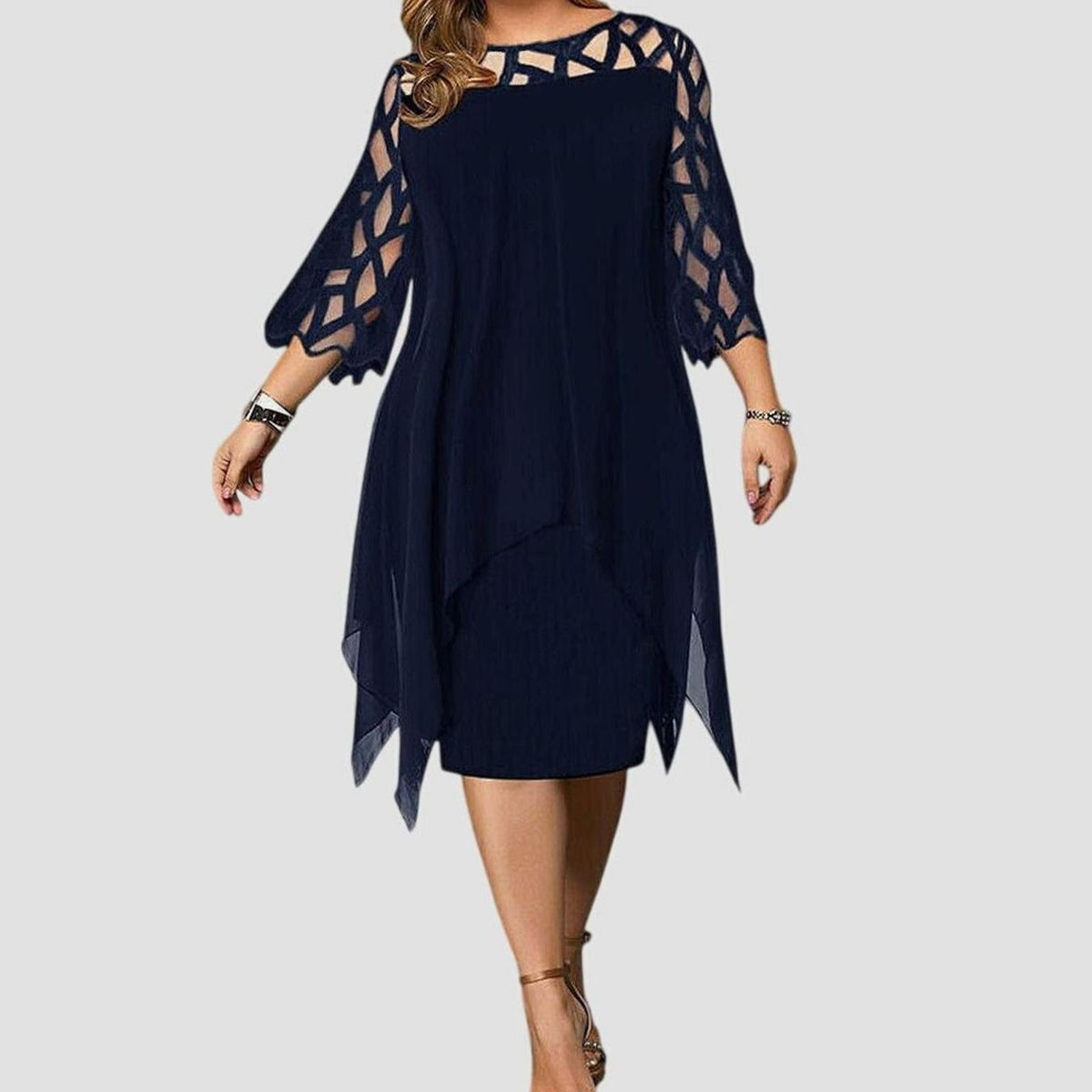 Evelyn | Women's Plus Size Lace-Overlay 3/4 Sleeve Chiffon Midi Dress