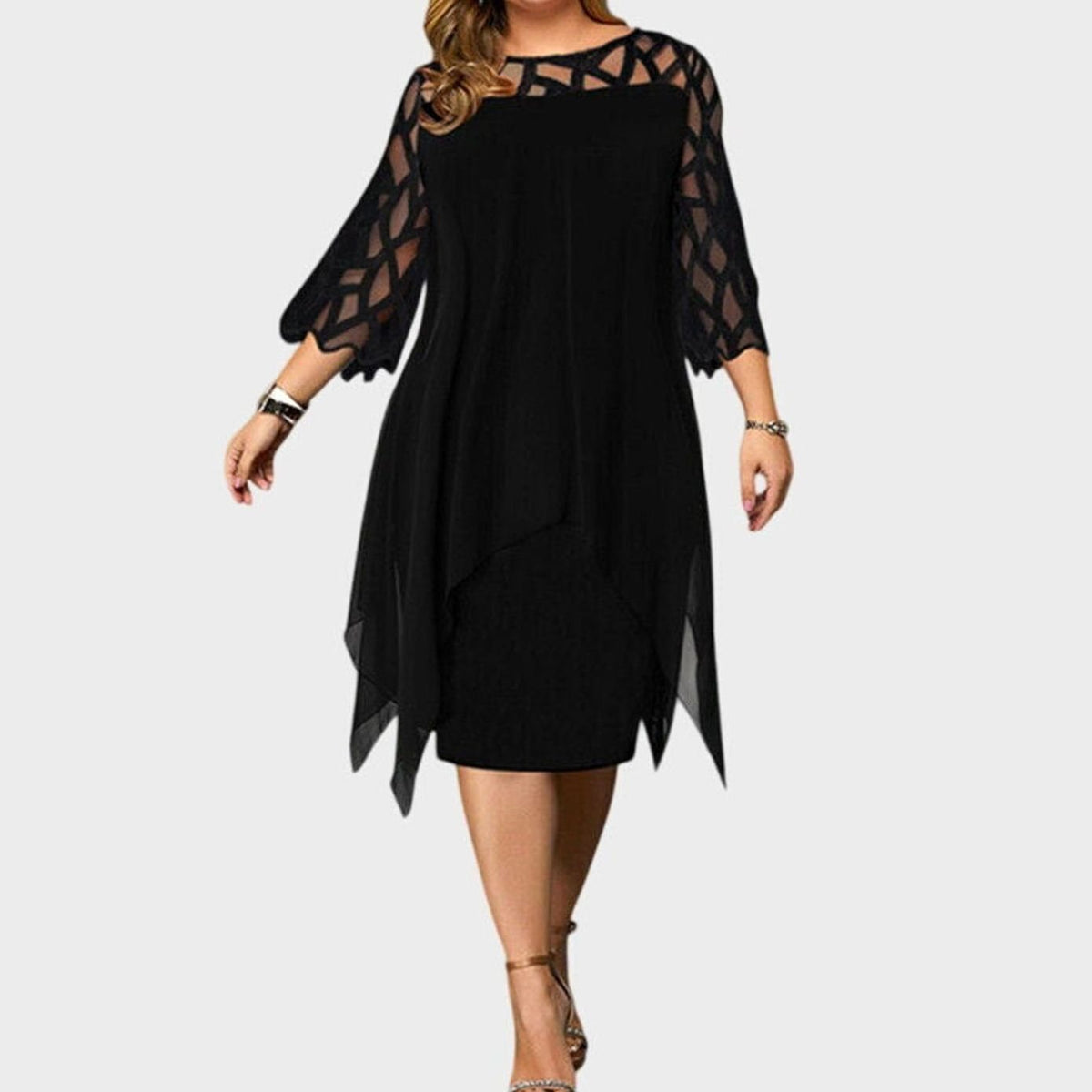 Evelyn | Women's Plus Size Lace-Overlay 3/4 Sleeve Chiffon Midi Dress