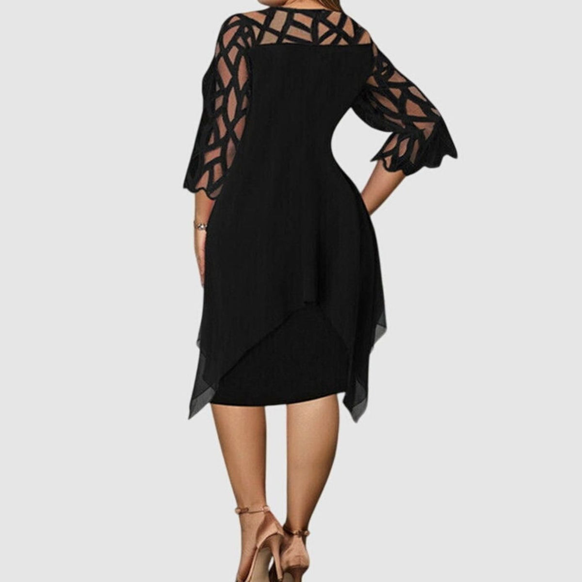 Evelyn | Women's Plus Size Lace-Overlay 3/4 Sleeve Chiffon Midi Dress