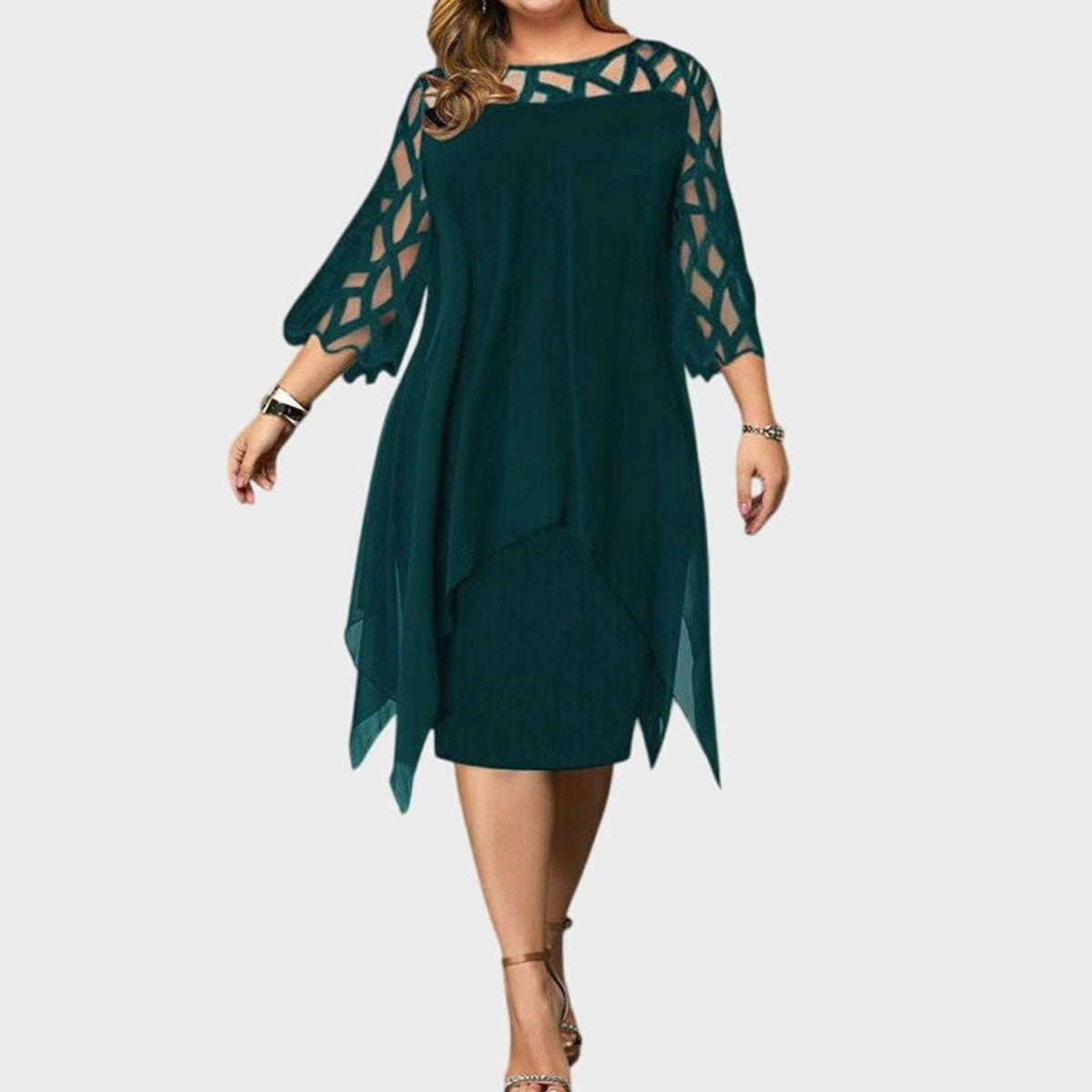 Evelyn | Women's Plus Size Lace-Overlay 3/4 Sleeve Chiffon Midi Dress