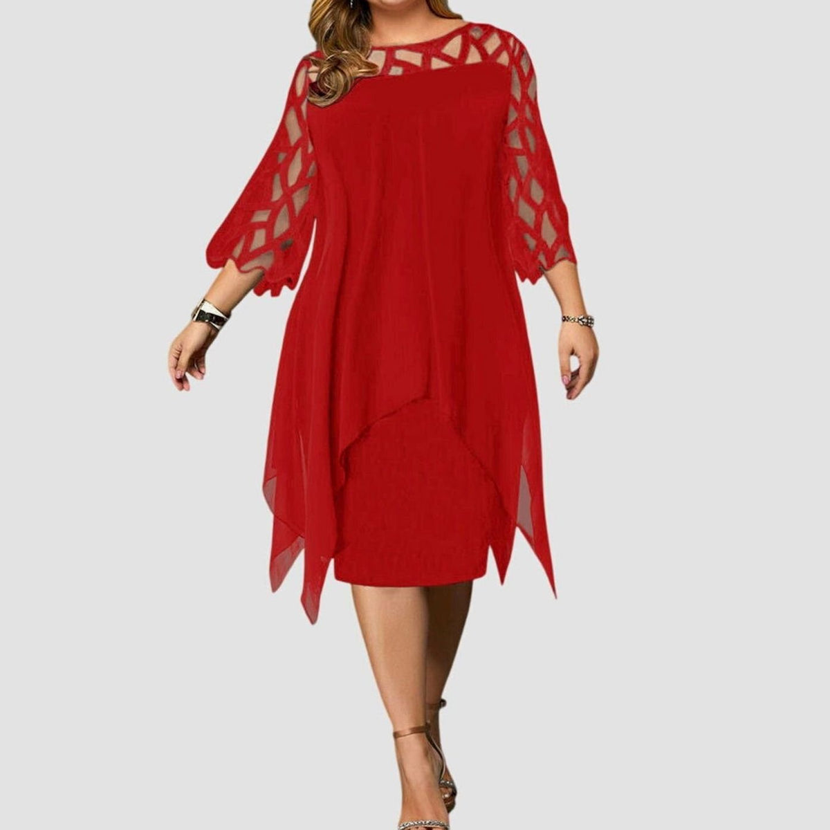 Evelyn | Women's Plus Size Lace-Overlay 3/4 Sleeve Chiffon Midi Dress