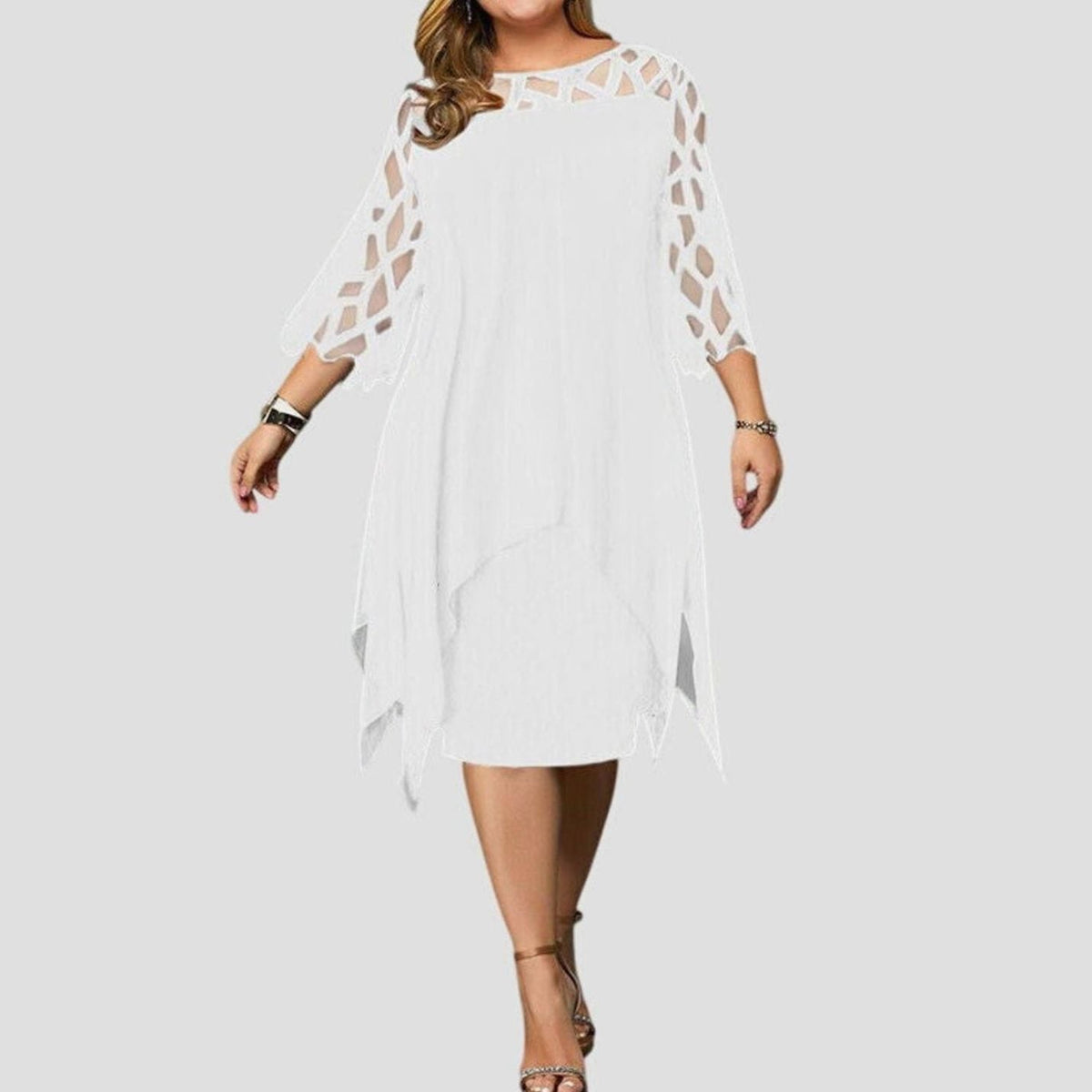 Evelyn | Women's Plus Size Lace-Overlay 3/4 Sleeve Chiffon Midi Dress