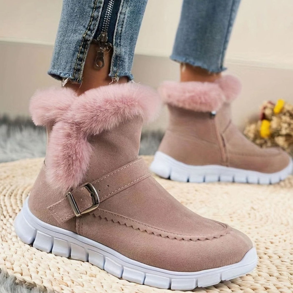 Layla | Women's Plush-Trimmed Buckle Ankle Snow Boots, Black