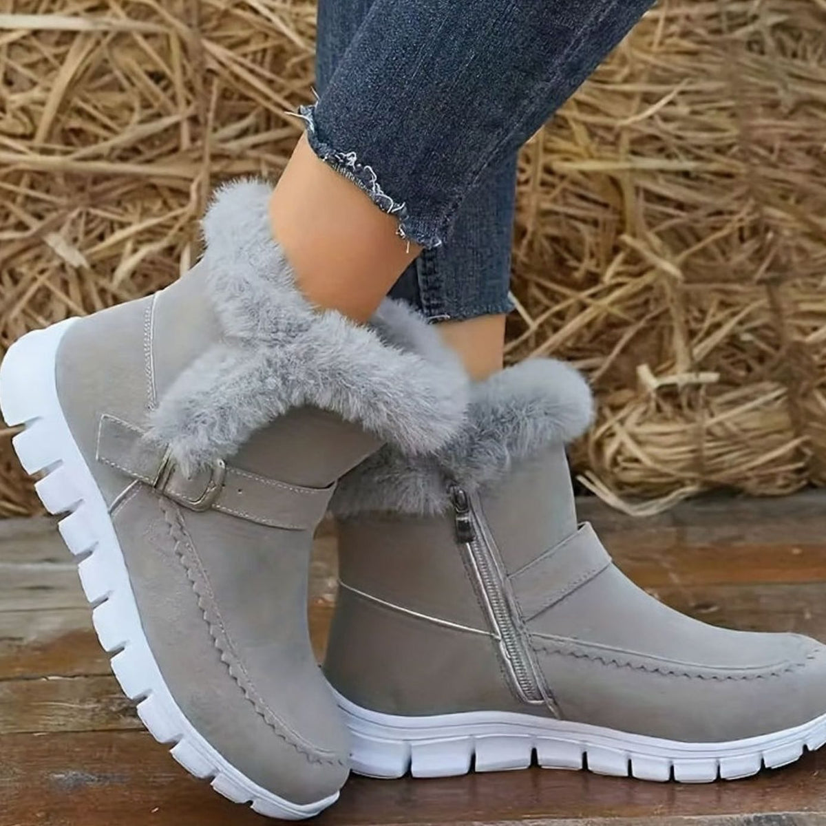 Layla | Women's Plush-Trimmed Buckle Ankle Snow Boots, Black