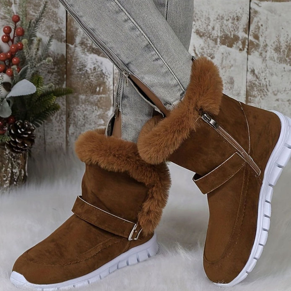 Layla | Women's Plush-Trimmed Buckle Ankle Snow Boots, Black