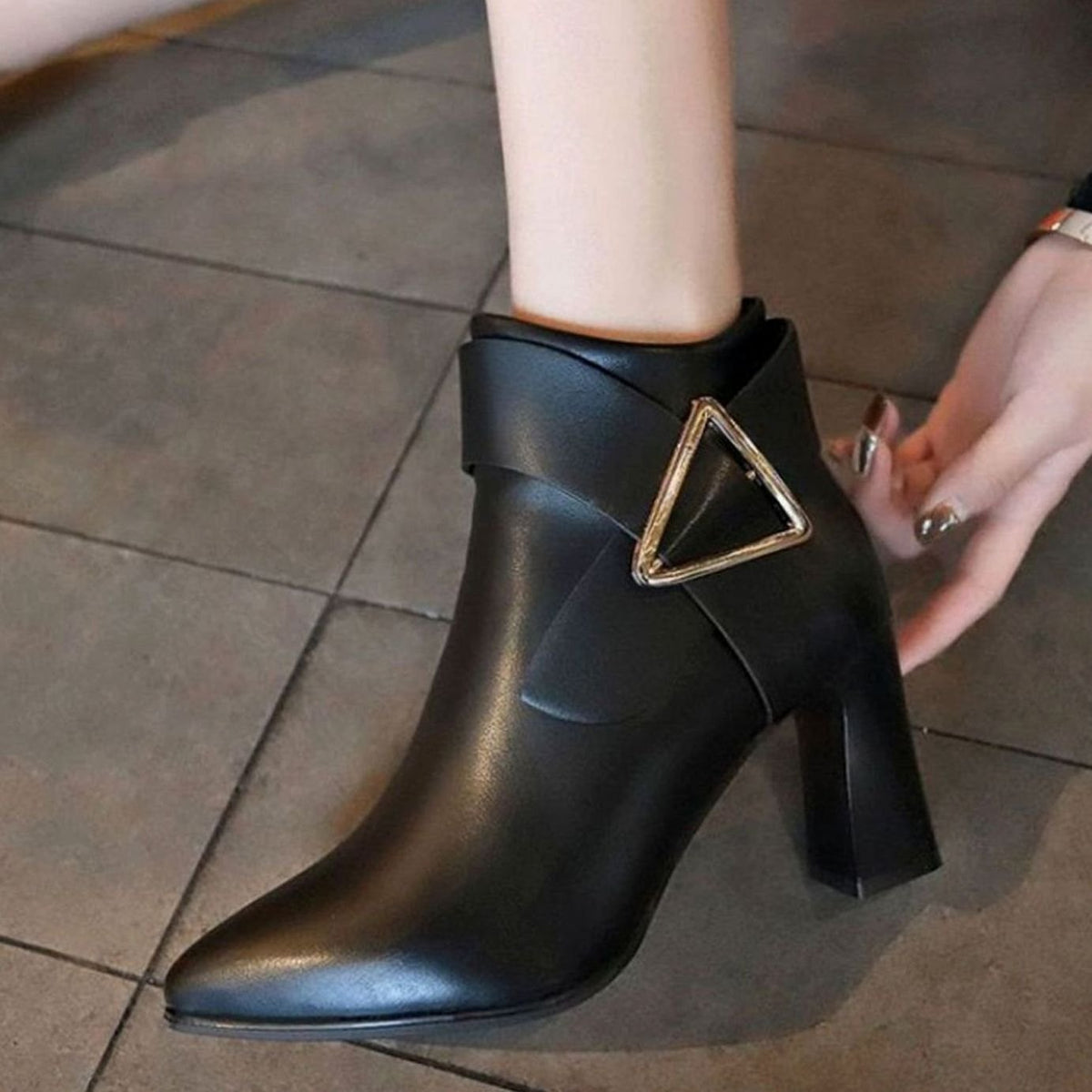 Grace | Women's Pointed-Toe Block Heel Ankle Boots Triangle Buckle