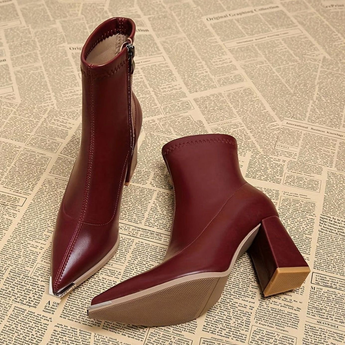 Layla | Women's Pointed-Toe Chunky Heel Leather Ankle Booties, Burgundy
