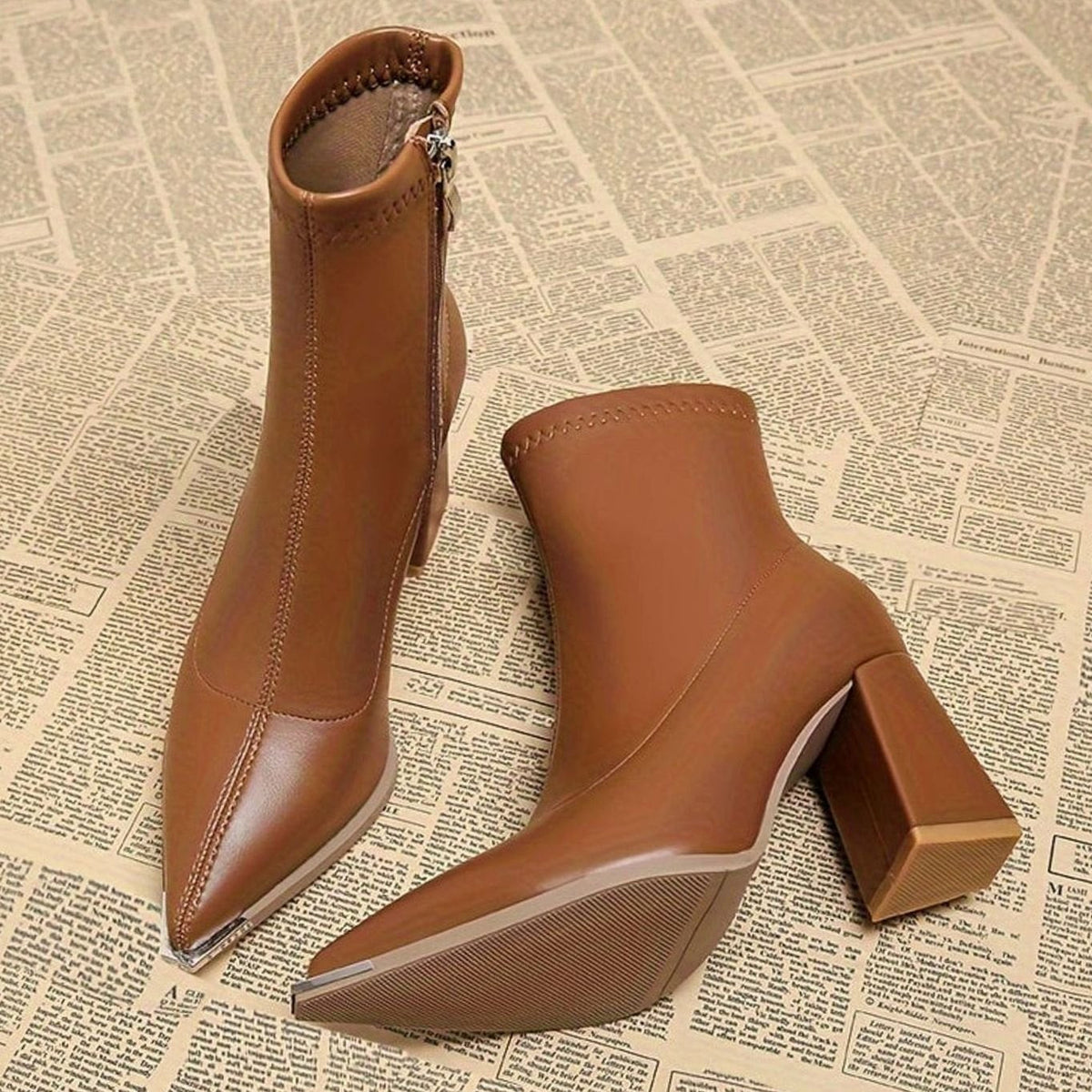 Layla | Women's Pointed-Toe Chunky Heel Leather Ankle Booties, Burgundy
