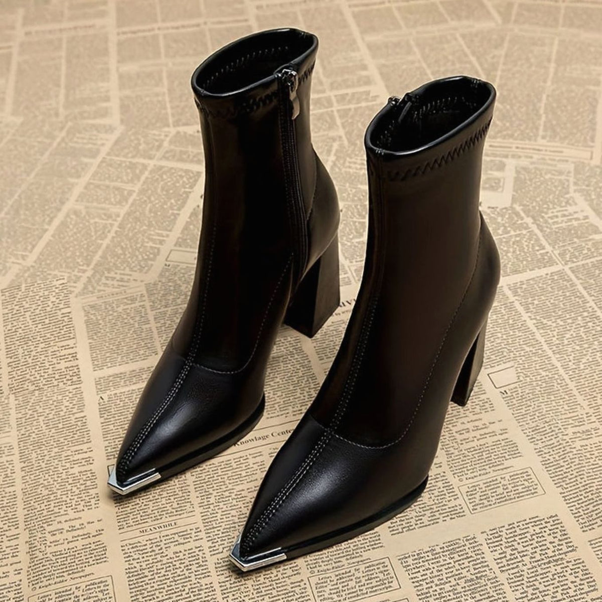 Layla | Women's Pointed-Toe Chunky Heel Leather Ankle Booties, Burgundy