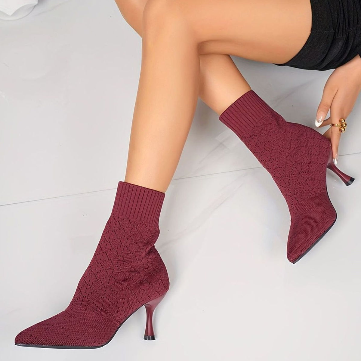 Victoria | Women's Pointed-Toe Sock-Style Kitten Heel Ankle Boots