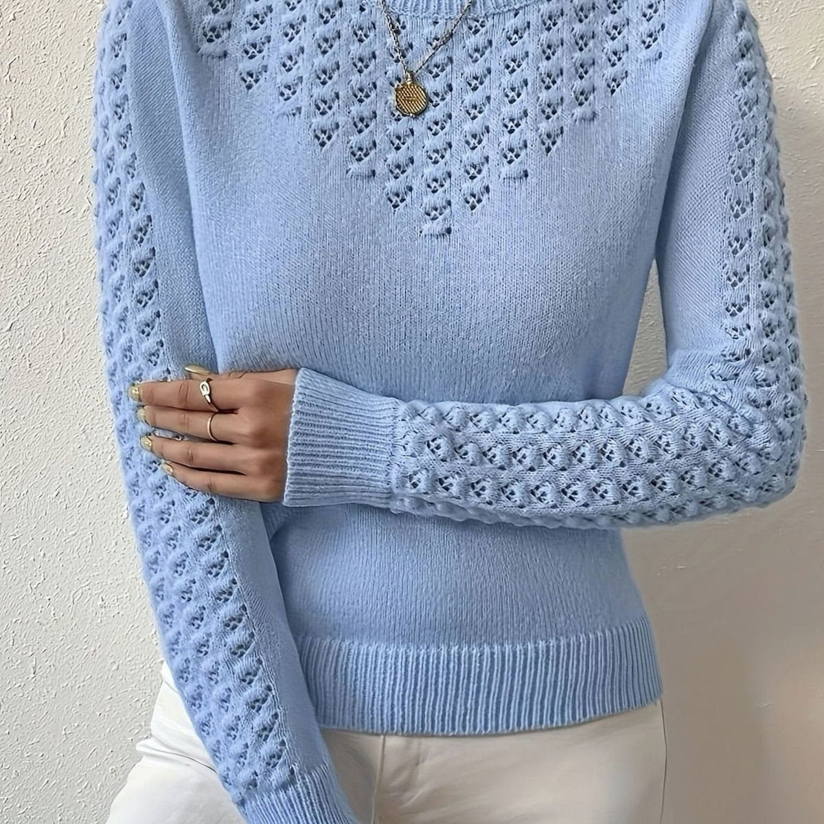 Olivia | Women's Pointelle-Knit Round Neck Fitted Sweater