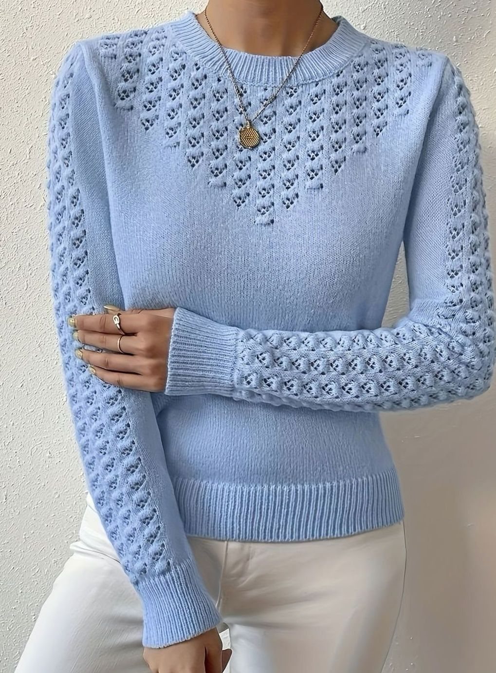 Olivia | Women's Pointelle-Knit Round Neck Fitted Sweater