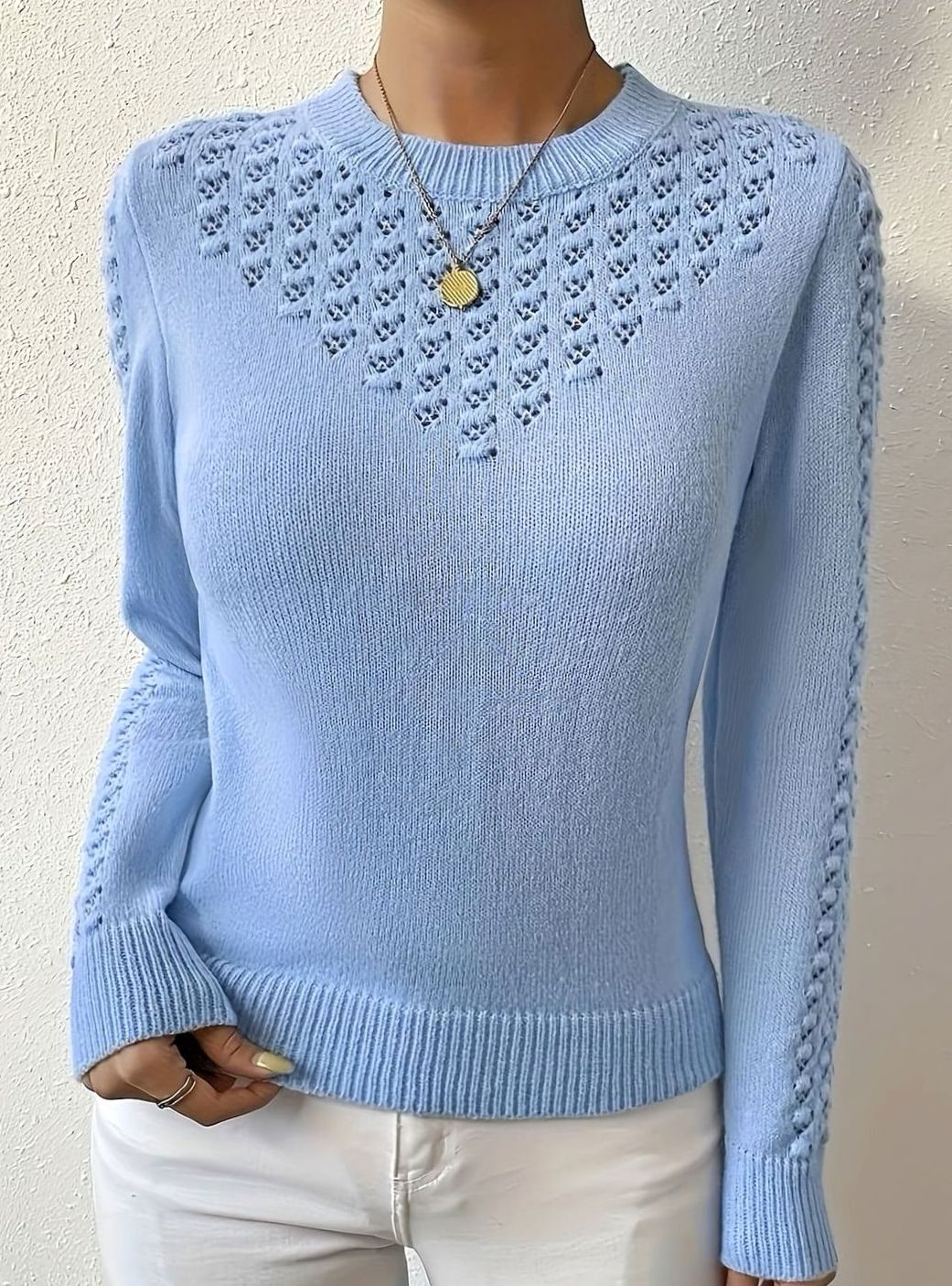 Olivia | Women's Pointelle-Knit Round Neck Fitted Sweater