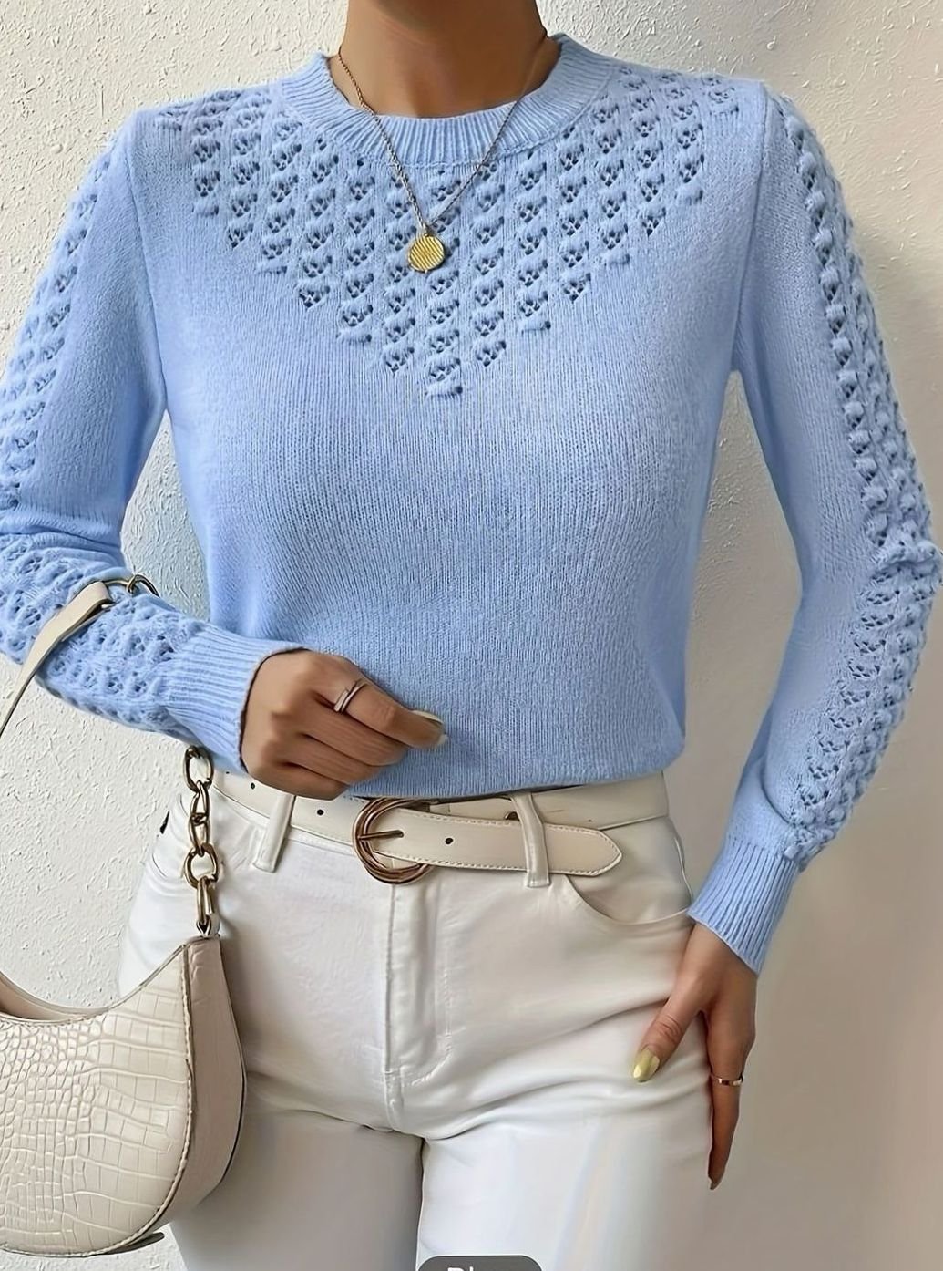 Olivia | Women's Pointelle-Knit Round Neck Fitted Sweater