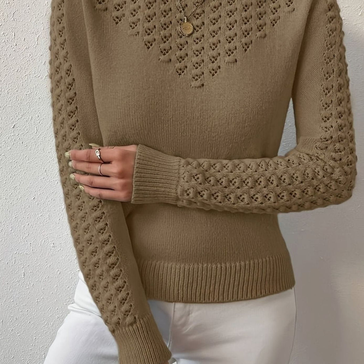 Olivia | Women's Pointelle-Knit Round Neck Fitted Sweater