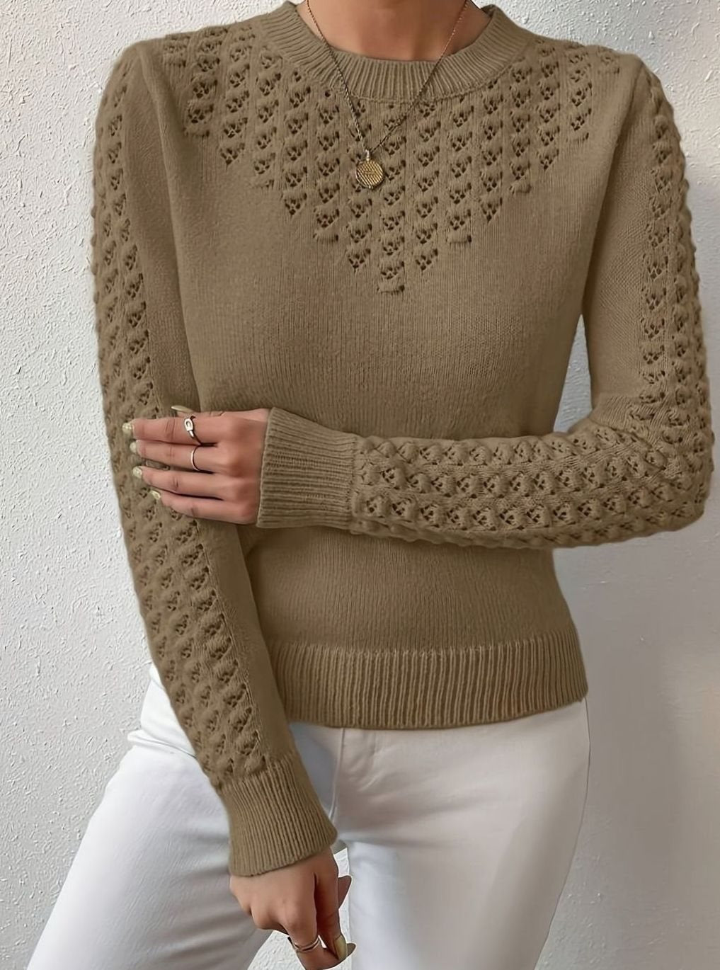 Olivia | Women's Pointelle-Knit Round Neck Fitted Sweater