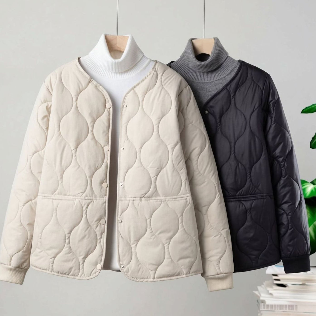 Eleanor | Women's Quilted Cotton-Padded V-Neck Snap-Button Jacket