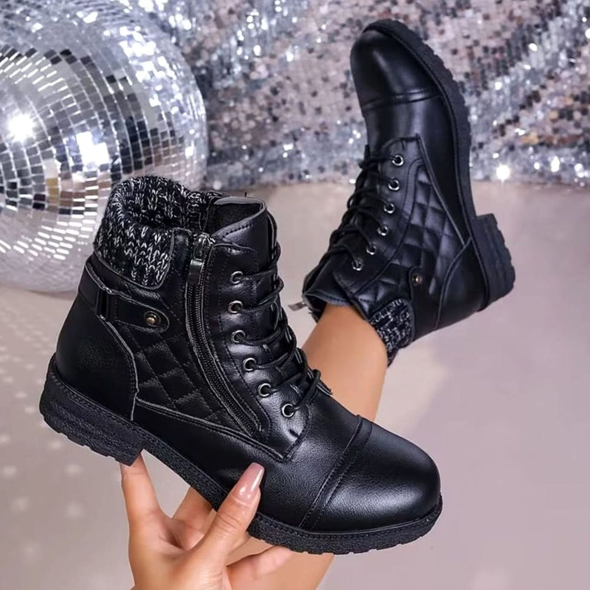 Madison | Women's Quilted Faux-Leather Lace-Up Block Heel Ankle Boots