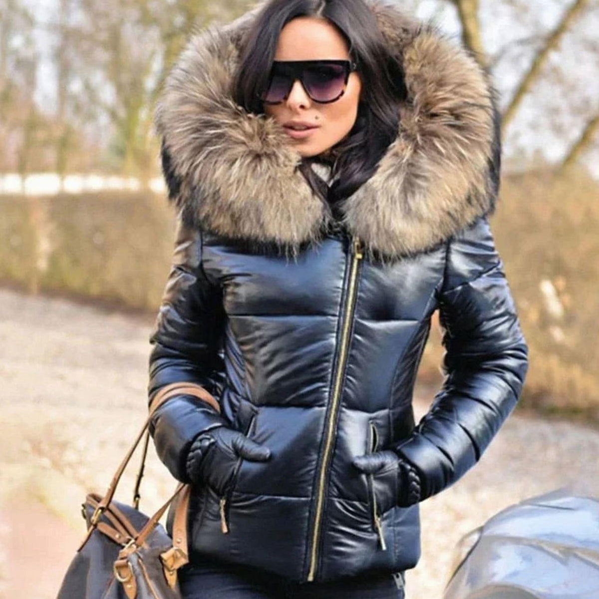 Luna | Women's Quilted Fur Hood Puffer Coat Fitted Zip-Front Jacket