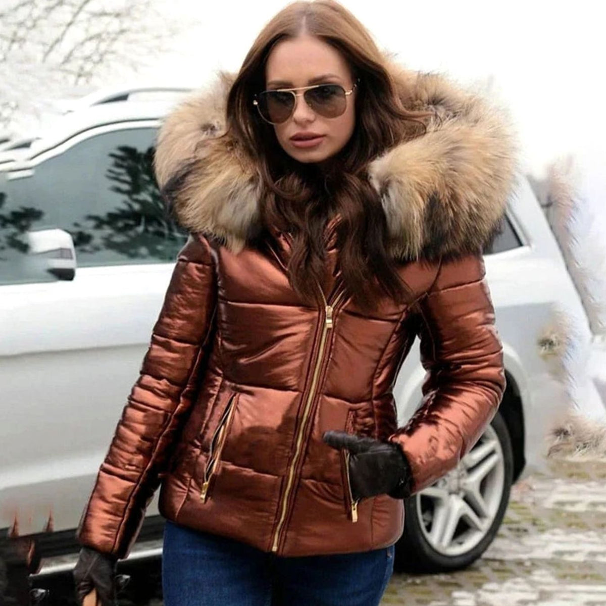 Luna | Women's Quilted Fur Hood Puffer Coat Fitted Zip-Front Jacket