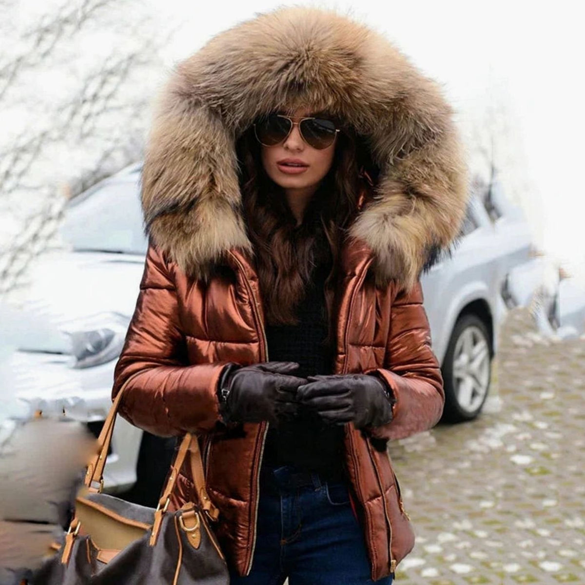 Luna | Women's Quilted Fur Hood Puffer Coat Fitted Zip-Front Jacket