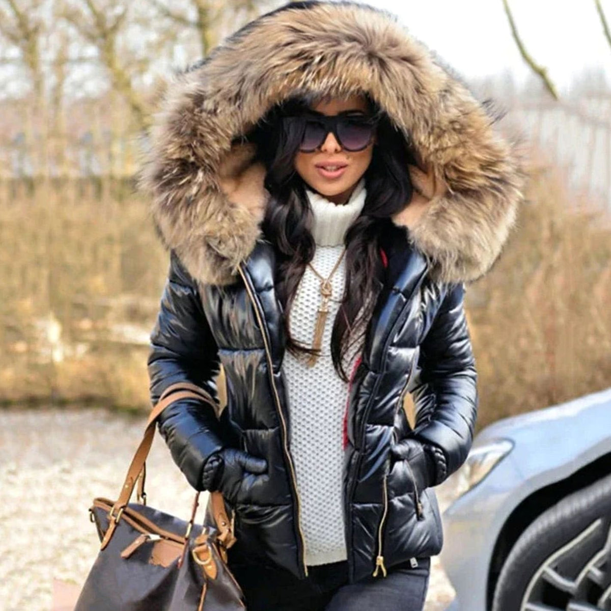 Luna | Women's Quilted Fur Hood Puffer Coat Fitted Zip-Front Jacket