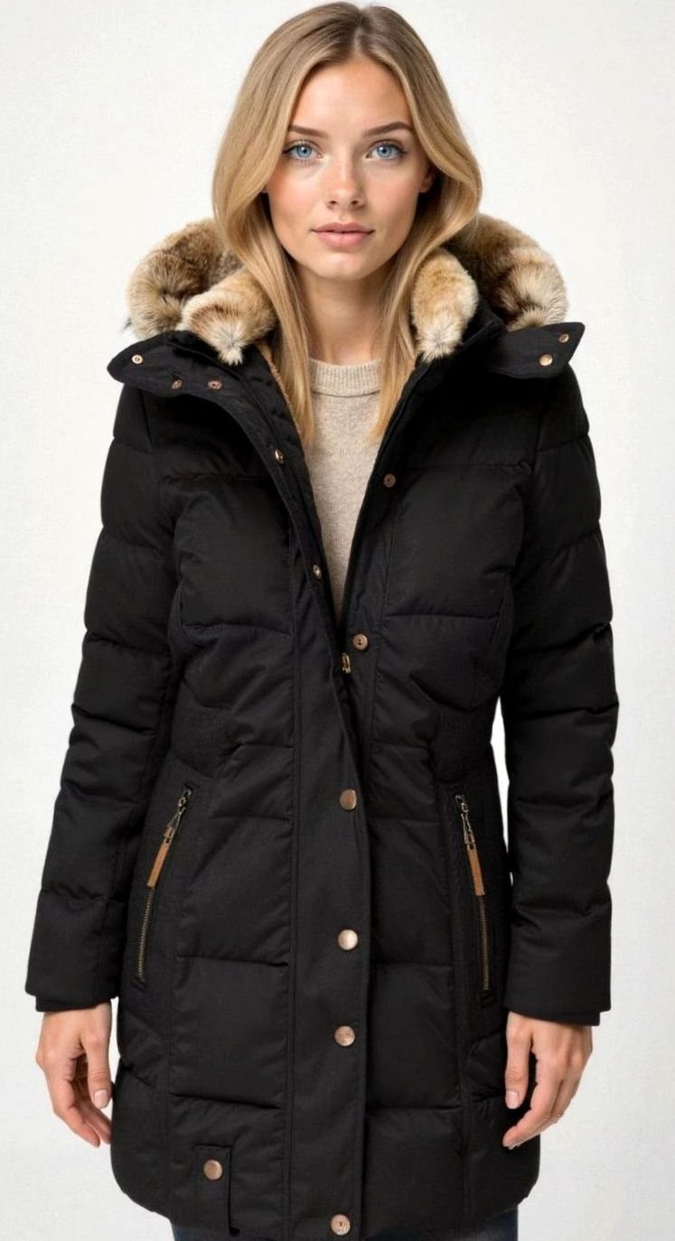 Amelia | Women's Quilted Hooded Puffer Coat Faux Fur Longline Jacket