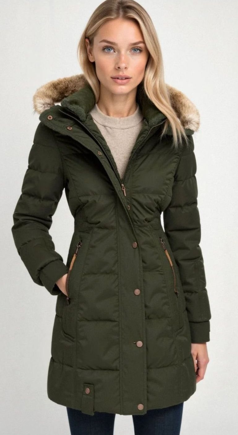Amelia | Women's Quilted Hooded Puffer Coat Faux Fur Longline Jacket