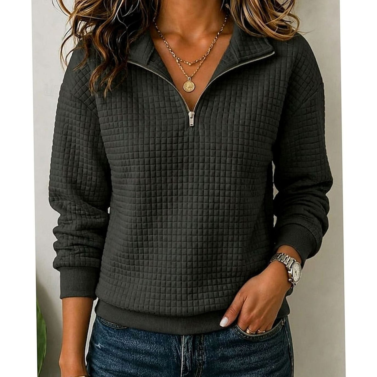 Emma | Women's Quilted Texture Quarter-Zip Pullover Sweater