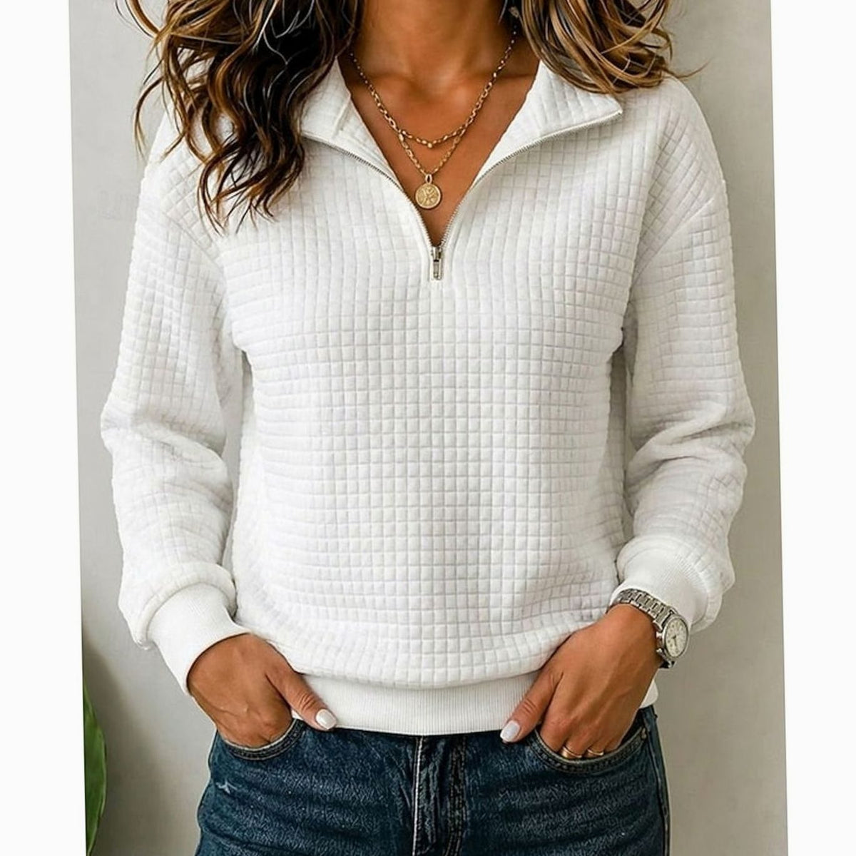 Emma | Women's Quilted Texture Quarter-Zip Pullover Sweater