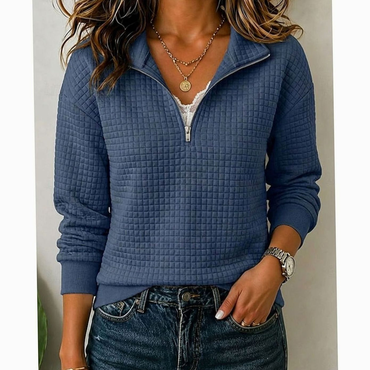 Emma | Women's Quilted Texture Quarter-Zip Pullover Sweater