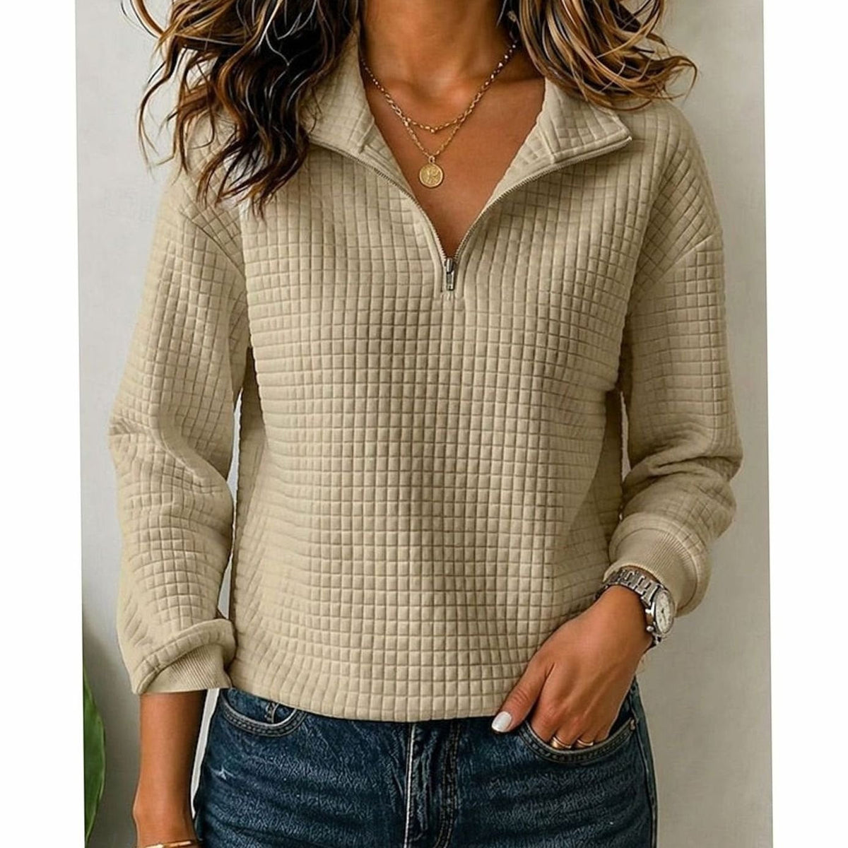 Emma | Women's Quilted Texture Quarter-Zip Pullover Sweater
