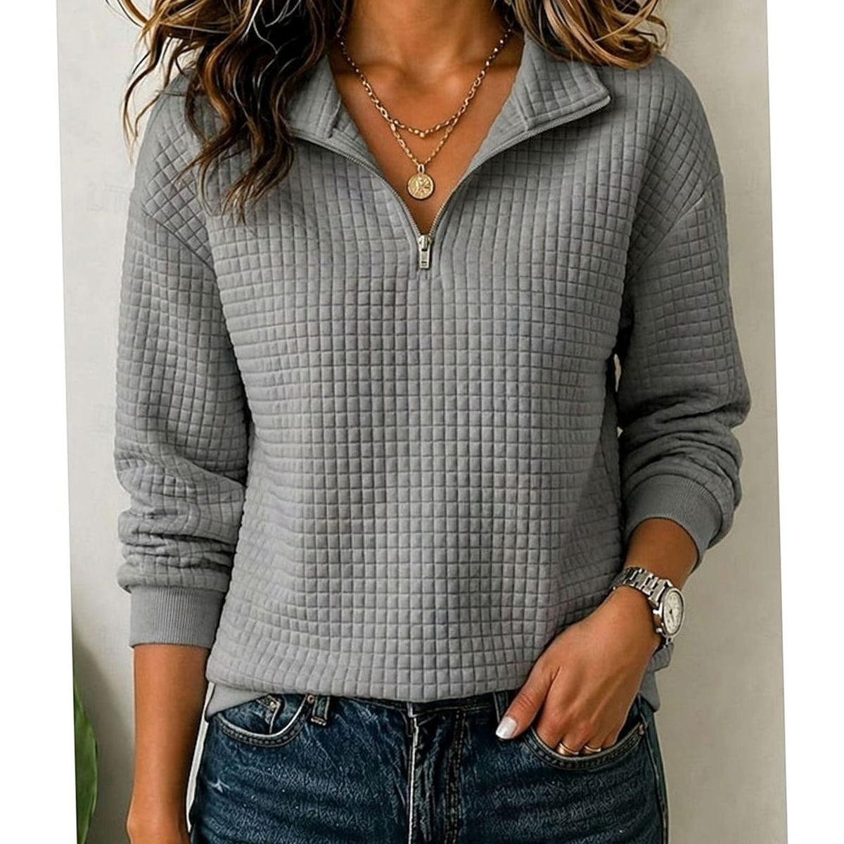 Emma | Women's Quilted Texture Quarter-Zip Pullover Sweater