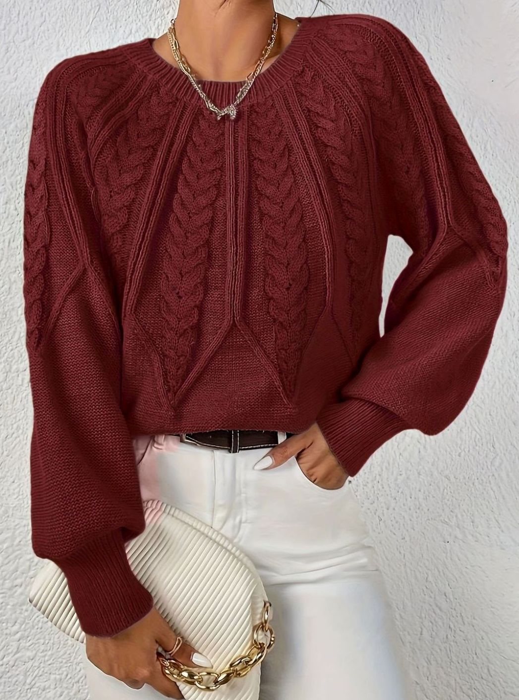 Amelia | Women's Relaxed Cable-Knit Lantern Sleeve Sweater