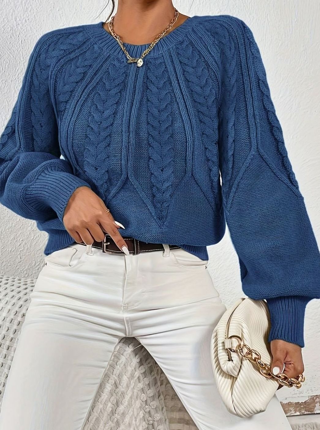 Amelia | Women's Relaxed Cable-Knit Lantern Sleeve Sweater