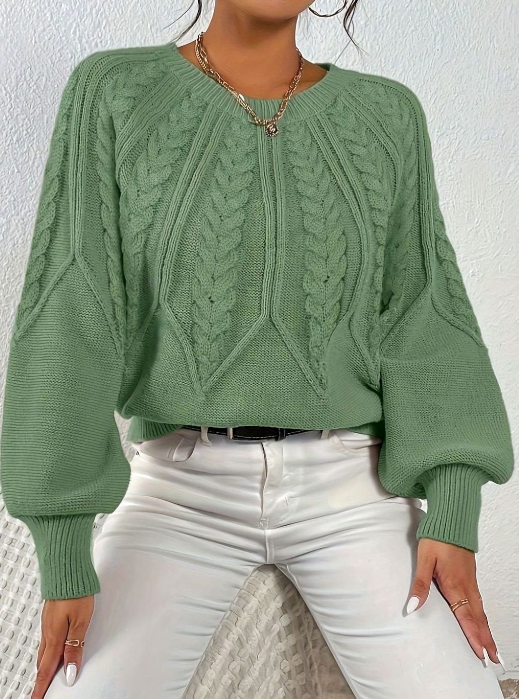 Amelia | Women's Relaxed Cable-Knit Lantern Sleeve Sweater