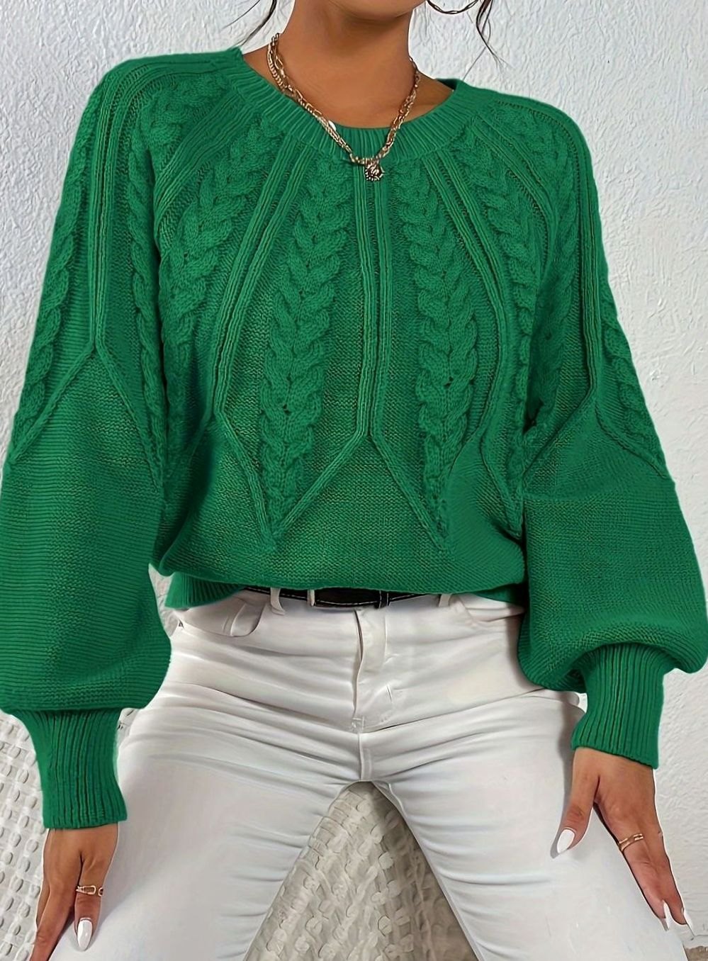 Amelia | Women's Relaxed Cable-Knit Lantern Sleeve Sweater
