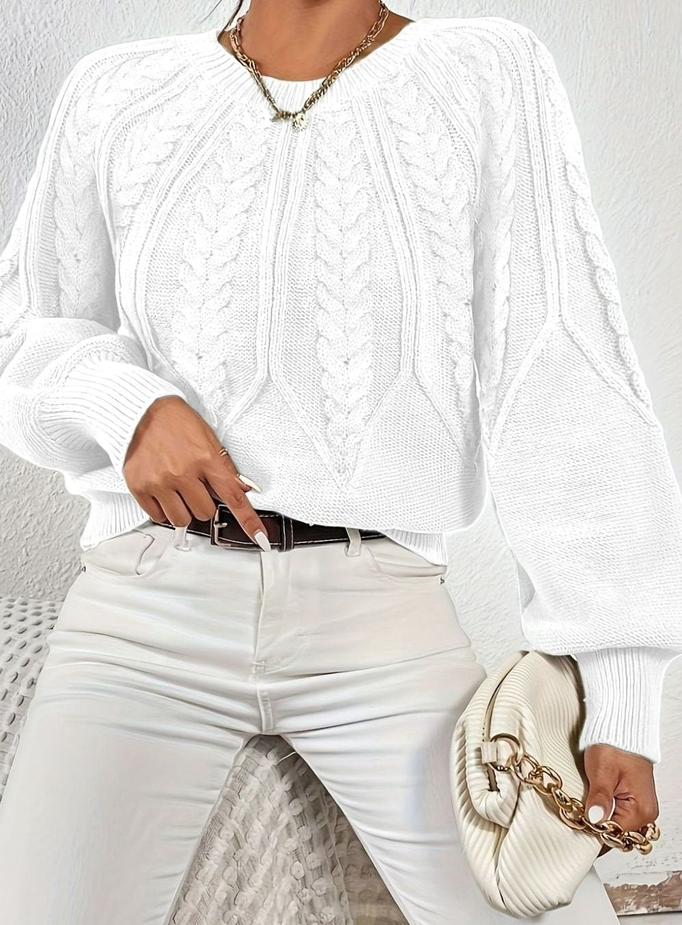 Amelia | Women's Relaxed Cable-Knit Lantern Sleeve Sweater