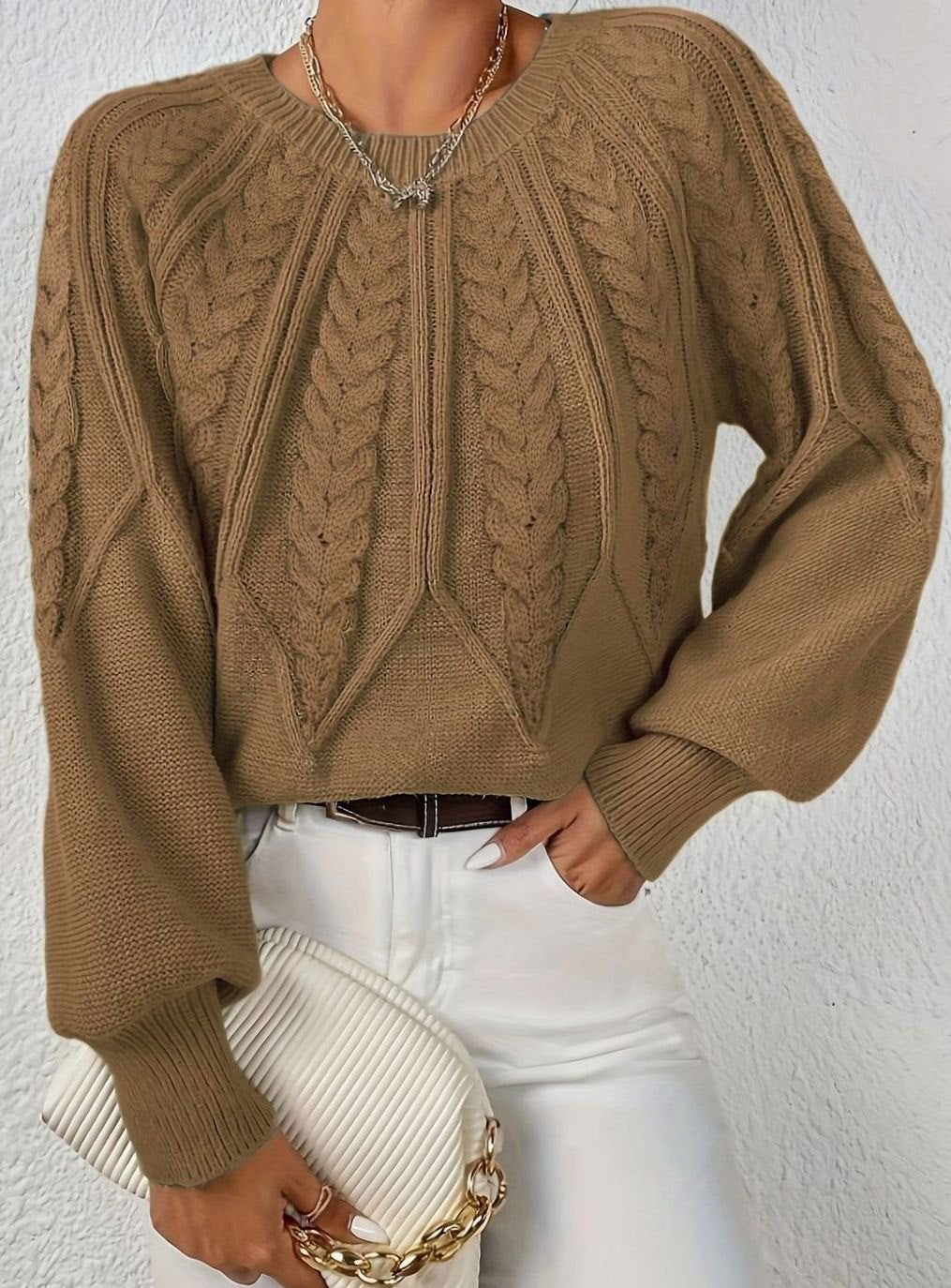 Amelia | Women's Relaxed Cable-Knit Lantern Sleeve Sweater