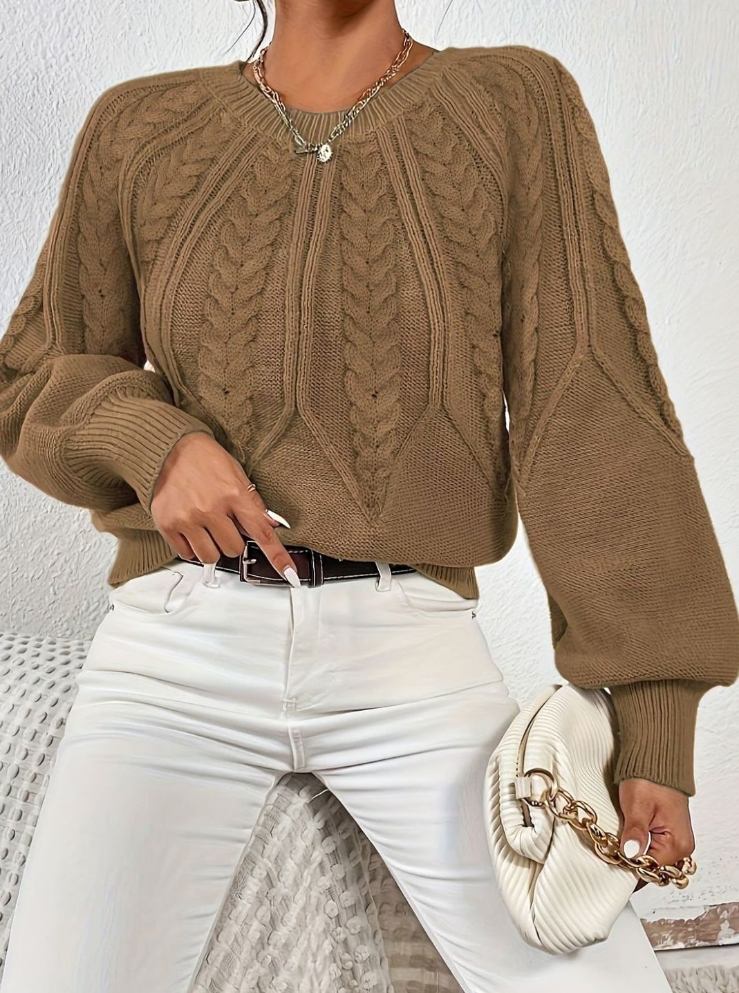 Amelia | Women's Relaxed Cable-Knit Lantern Sleeve Sweater