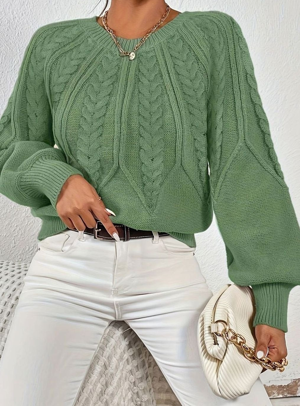 Amelia | Women's Relaxed Cable-Knit Lantern Sleeve Sweater