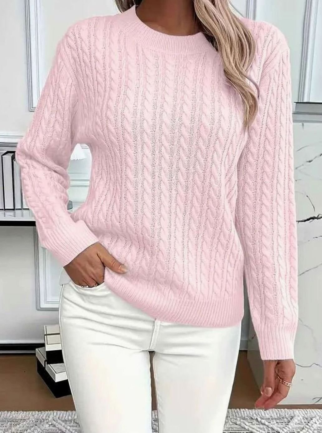 Penelope | Women's Relaxed Cable Knit Sweater Round Neckline Long Sleeve