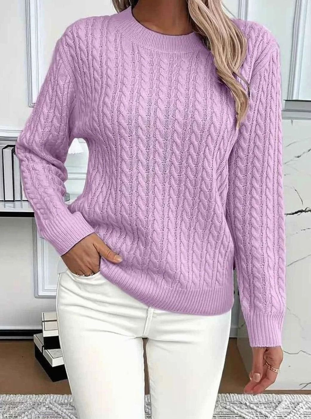 Penelope | Women's Relaxed Cable Knit Sweater Round Neckline Long Sleeve